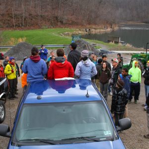 Gathering volunteers at the Trout Pond at Coopers Rock