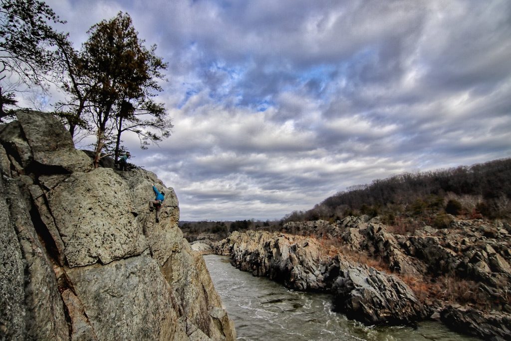 Climber on the cliff above the Potomac River.